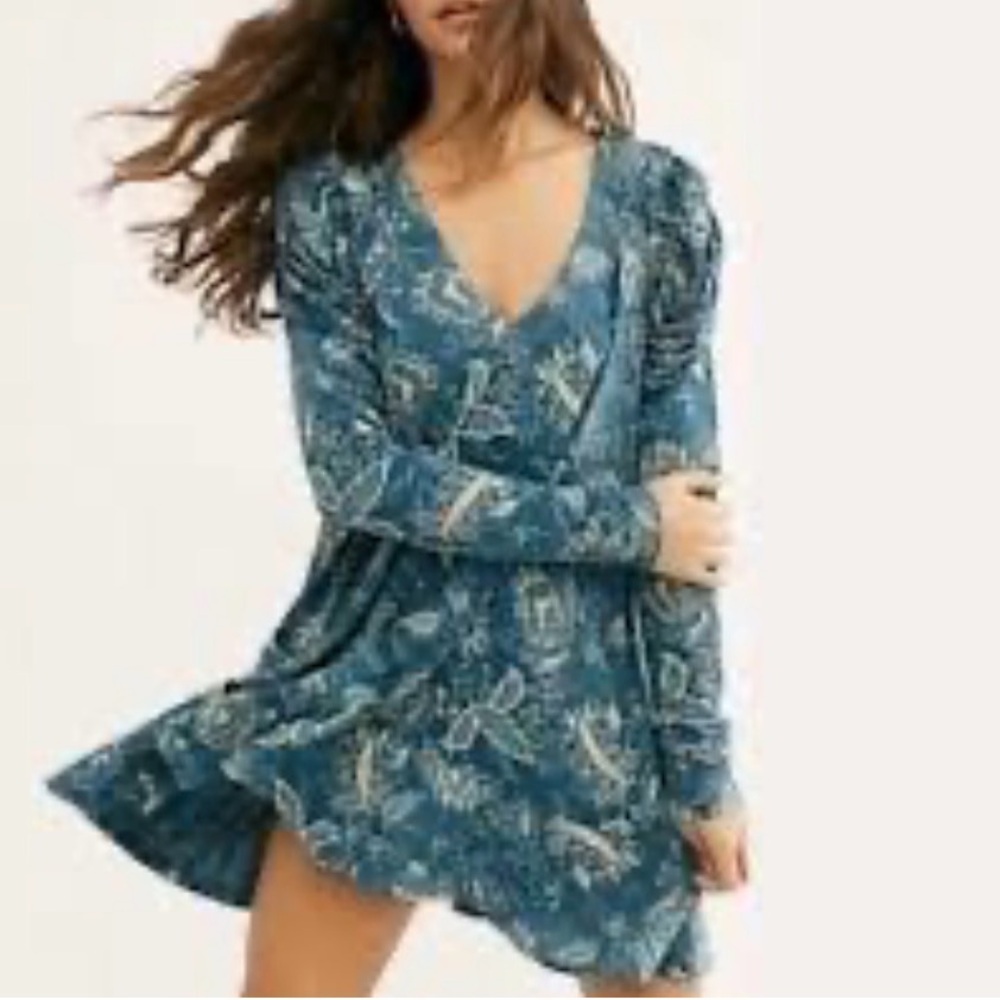 Free People Women’s Hello Lover Ruched Sleeve Green Tunic Top Mini Dress Small